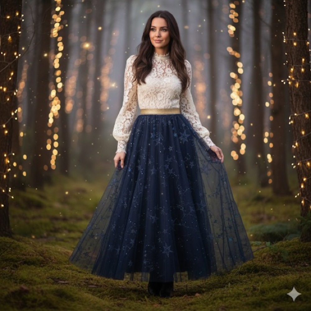 Galaxy Night Sky Tulle Maxi Skirt | Hand-Embroidery Sequin Stars